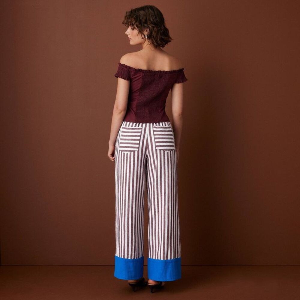 Women's Striped Drawstring Wide Leg Pants - Rosie Assoulin Burgundy/Blue M - Picture 3 of 4